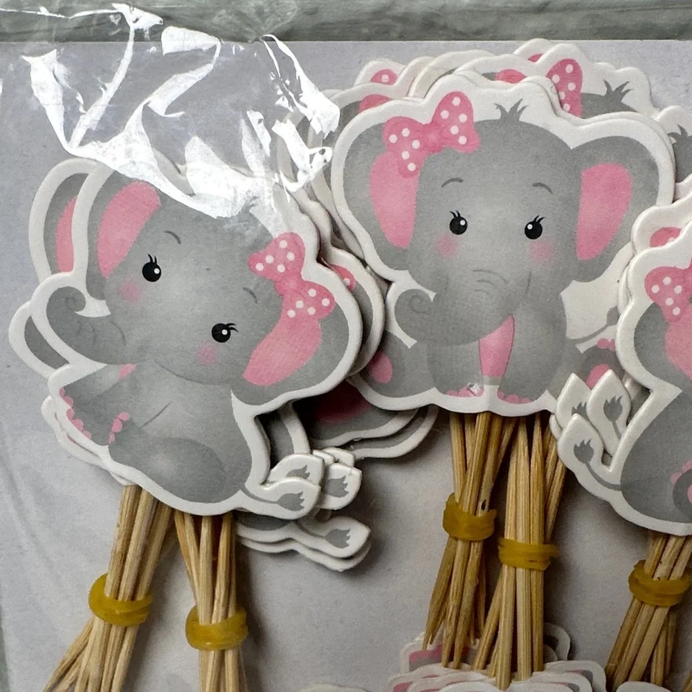 Elephant Themed Party Cupcake Toppers | Pink and Gray | 48 Pieces